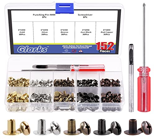 Glarks 150 Set 8x6mm Testa Piatta Chicago Viti Pulsanti Assortiti Kit 5 Colori Rivetti In Pelle Vite per Pelle Crafting Abbigliamento Scarpe Cinture Borse