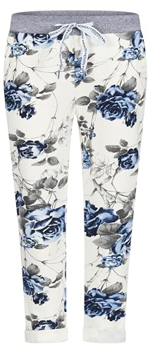 Mississhop 287 Damen Hose Cargohose Blumen Sweatpants Jogginghose Baumwolle Freizeithose Boyfriend Weiß-Blau Blumen Model 33