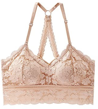 KOEMCY Spitze BH für Damen Push up Nahtlose Bralette Crop Top Sexy Unterwäsche (Beige,S)
