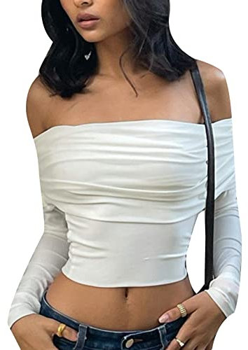 Women Y2K Off Shoulder T Shirts Long Sleeve Solid Elegant Slim Fit Crop Tops 2000s Aesthetic Pullovers Streetwear (White, M)