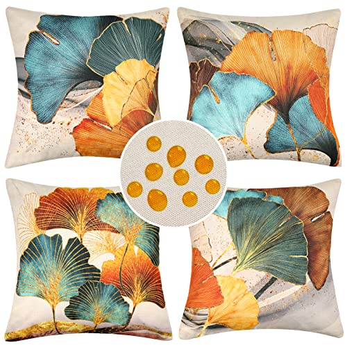Wasserdichte Kissenbezug 4 Stück 50 x 50 cm Dekorative Outdoor Kissen Wasserfest Atmungsaktiv Goldene Ginkgoblätter grün und Sommer Kissenbezug Werden für Sofakissen Garten Outdoor Partybevorzugung
