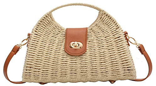 Sac à bandoulière en paille tissé à la main pour femme - Avec poignée supérieure en paille - Pour l'été et la plage, blanc, Taille unique