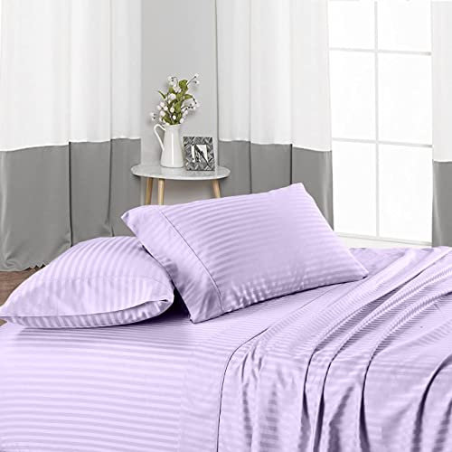 100% Long Staple Egyptian Cotton 4 Piece Sheet Set + 1 Duvet Cover with Zipper, 400 Thread Count Bedding with 35cm Deep Pocket Fitted Sheet - Lavender Stripe, Single Size 5 Piece Sheet Set.