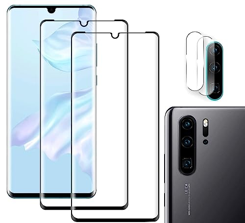 YYST [2+2 Stück Schutzfolie für Huawei P30 Pro, Anti Kratzen, [+Linse Schutzfolie], 9H Härte, Unterstützung für Fingerabdrucksensor, Blasenfrei, 3D gebogenes gehärtetes Glas Displayschutzfolie