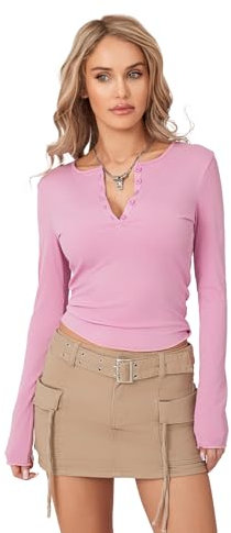 Maglietta a Manica Lunga Donna Sexy Maglietta a Maglia a Maniche Lunghe a Tinta Unita con Bottoni a Coste Sexy Crop Top Ragazza Top Aderente Ragazza Shirt Corto Elegante (Rosa, S)