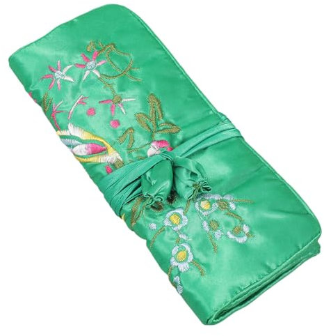 Holibanna Handgefertigte Bestickte Schmuckrolle Mit Blumenmotiv Kosmetiktasche Mit Mehreren Reißverschlussfächern Praktischer Schminktasche Für Damen Grüne Reise-organizer Für Schmuck Und Ma