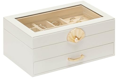 Enthralite Schmuckkästchen mit Glasdeckel | Schmuck-Organizer mit Schublade für Halsketten, Ohrringe, Ringe, Armbänder | Geschenk für Frauen Mädchen | Weiß