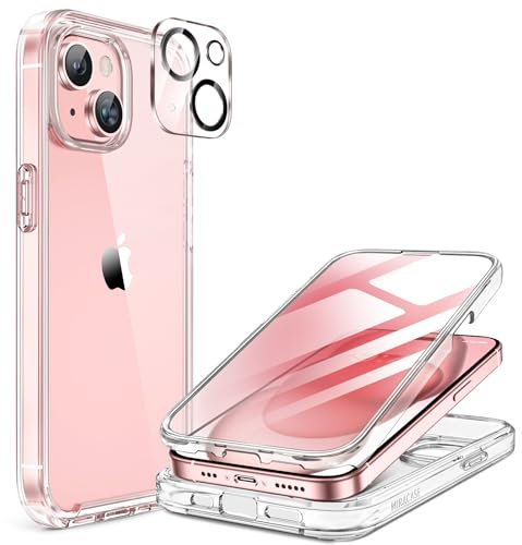 Miracase Glass Case for iPhone 15 Case 6.1-Inch, Full Body Bumper Clear Back Cover and Built-in 9H Tempered Glass Screen Protector + Camera Lens Protector (Clear)