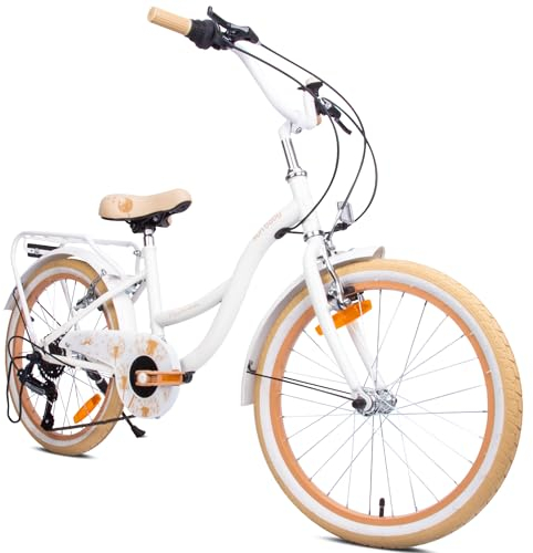 sun baby Mädchenfahrrad 20 Zoll Flower Bike Radgröße zur Auswahl 6 Gang Shimano Kinderfahrrad Kinderrad für Mädchen von 6 bis 10 Jahre verstellbare (Weiß Beige)
