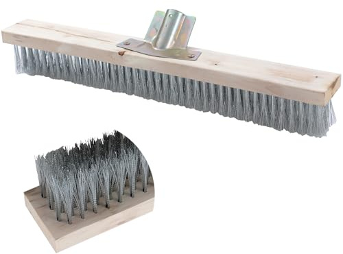 TOPWAY Stainless Steel Wire Broom Brush Head 45cm with Wooden Back and Zinc Plated Bracket for Outdoor Garden Floor Deck Scrub Sweeping Weed Paving Patio Pathways