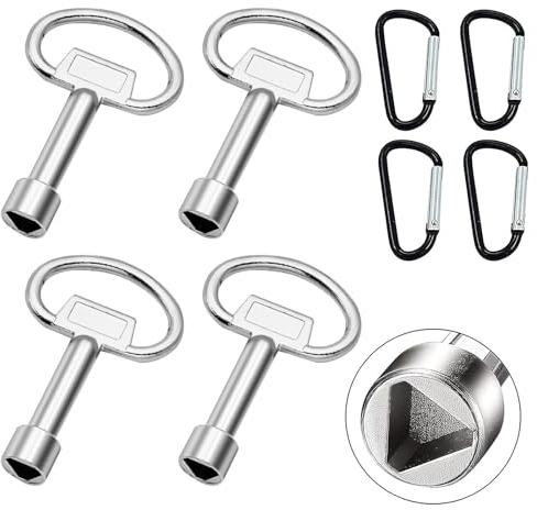 Zeaying Set of 4 Triangle Key Keys + 4 x D Carabiner Hooks Universal Triangle Key 3-Point Key for Radiator Wheelie Bin Lift Bollard Barrier Post