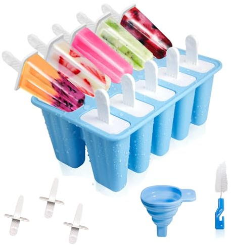 Moules à Glace en Silicone, Réutilisables et Sans BPA | Avec Brosse de Nettoyage et Entonnoir en Silicone, Facile à Utiliser pour des Glaces Maison (10 Cavités - Bleu)