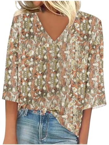 Bluse Damen Elegant Festlich Oberteile Sexy Hemdbluse Damen Sommer Tops Teenager Mädchen Modische Pullover Sommerblusen Damen Leicht Und Luftig Floral Bedruckte Freizeitoberteile V-Ausschnitt