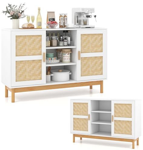 KOMFOTTEU Credenza a buffet con ante in tessuto di bambù, armadio da cucina con 3 ripiani aperti, mobile di stoccaggio con dispositivo antiribaltamento, mobile TV per soggiorno, 120 x 35 x 78 cm