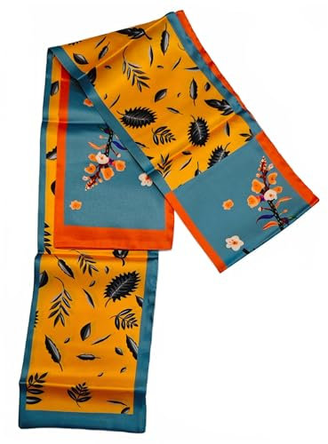 GIMIRO Satin Seidenschal Doppelschichten 150 x 16cm Krawatte Blumen Taillengürtel für Blazer, Mantel, Kleid (64# Yellow - Blue Floral)