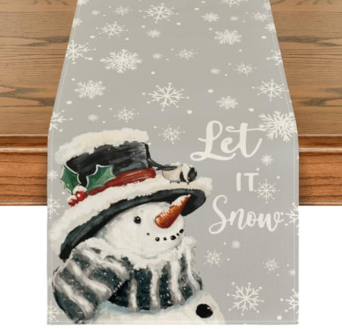 Artoid Mode Grau Schneemann Lass Es Schneien Weihnachten Tischläufer, Winter Xmas Küche Tisch Dekoration Drinnen Urlaub Party Dekor 40x300 cm