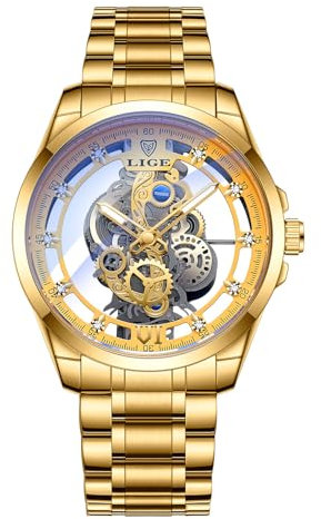 LIGE Uhren Herren Armbanduhr Wasserdicht Analog Modisch Klassisch Skelett Transparentes Zifferblatt, Automatisch Mechanisch Leuchtend Elegant Edelstahl Luxuriös Armbanduhr für Herren, Gold