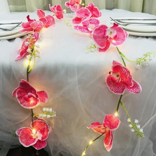Künstliche Orchideengirlande mit 20 LEDs Lichterkette Batteriebetrieben 2 m Schmetterlingsorchideenranke Künstliche Blumengirlande Lichterkette für Schlafzimmer,Tischdekoration (Rosa Orchidee)