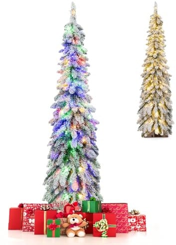 RELAX4LIFE Albero di Natale Slim 120/150 cm, Albero di Natale Innevato con 100/150 Luci LED a 2 Colori, 11 Modalità di Illuminazione, 225/334 Rami Folti, Albero Realistico per Casa e Negozio (150 cm)