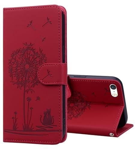 Mldjomid Hülle kompatibel mit Apple iPhone SE (1.Gen 2016) / iPhone 5 / iPhone 5S PU Leder Brieftasche Flip Phone Case Cover iPhone 5/5S/SE 4 Klapphülle mit Magnetisch Ständer Schutzhülle (Rot)