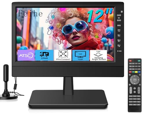 Feihe 12 Inch Small TV, Portable TV with HD Display, Antenna,HDMI,AV,USB Ports, Built-in Digital Tuner and Compact Design for Kitchen, RV, and Travel