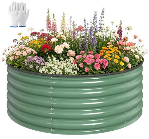 Outsunny Galvanised Raised Garden Bed, 120 x 120 x 43cm, Light Green | Safety Edging, Metal Outdoor Raised Planter Box, Gloves, Open Bottom, for Flowers, Vegetables and Herbs