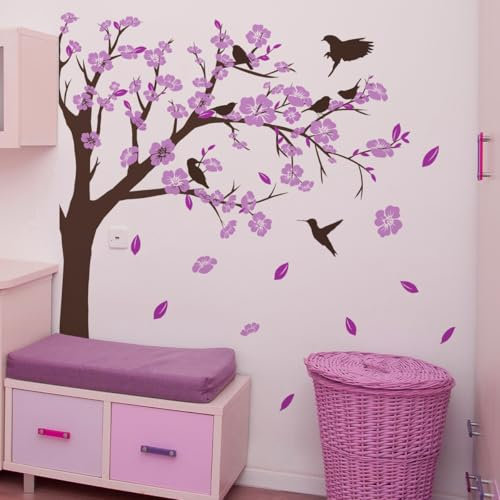 Sticker mural amovible Motif cerisier en fleurs Violet 120 x 109 cm