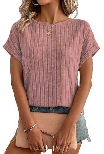 Gemulate Short Sleeve Blouses Tunic Sweaters for Women Sleeveless Business Casual Cap Sleeve Shirts Dressy Women's Spring Tops 2025 Trendy Womens Sweater Pink XL