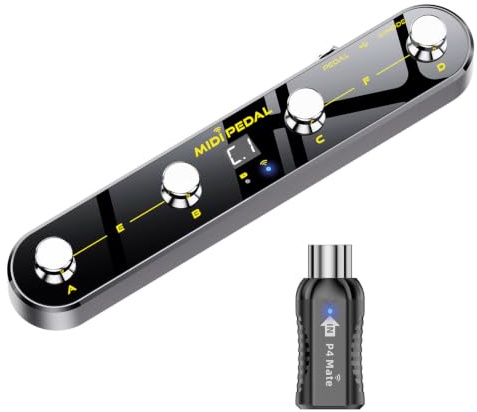 Controller a pedale MIDI wireless con ricevitore Mate MIDI - 4 pedali personalizzabili e 1 pedale di espressione personalizzabile, BT5.3 BLE/USB MIDI, controllo app PC, 5 modalità integrate e 5 stili