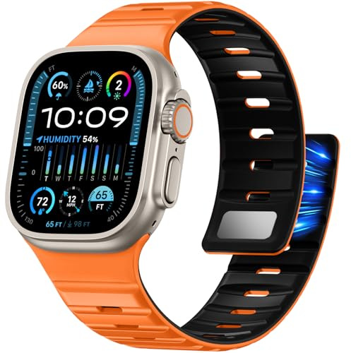 Maledan Magnetic Strap Compatible with Apple Watch Strap 40mm 41mm 38mm 42mm(Series 11 10) - Silicone Magnet Sport Band for iWatch Series 11 10 9 8 7 6 5 4 3 2 1 SE Ultra, Orange/Black