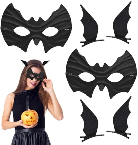 SUBRINGE Masque de Chauve-Souris, Barrettes Chauve-Souris, 2 Pièces Ensemble Masque et Barrettes Noir, Accessoires de Costume pour Halloween, Fête, Mascarade, Carnaval, Cosplay