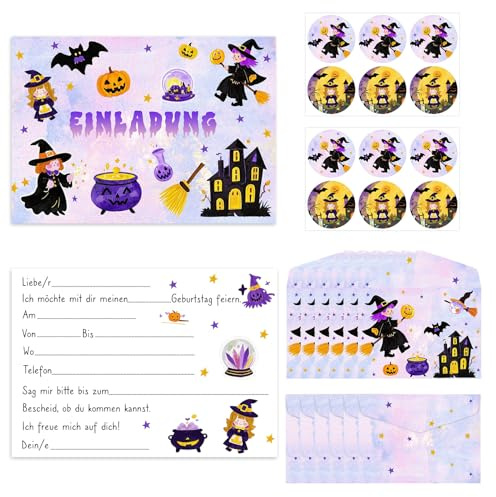 Hpbaggy Halloween Einladungskarten - 12 Hexen Einladungskarten | mit Umschlägen und Aufklebern,Zauberhafte Hexen Einladung,Halloween Party einladungskarten für Jungen Mädchen Kinder