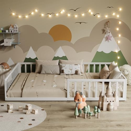VitaliSpa Bodenbett Minno 140x200 cm, Montessori Kinderbett aus Metall mit Rausfallschutz und Matratze, Weiß