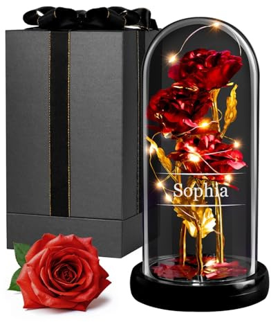 Maverton ewige Rose im Glas mit LED-Beleuchtung - Infinity Rose mit Gravur personalisiert - Geschenke für Frauen zum Valentinstag zu Weihnachten - Geburtstagsgeschenk für Frauen | Ewige Blume, Geschenk für Mama, künstliche rote Rose, 21 x 11 cm, mit LED-Licht, Geschenkidee für Geburtstag, Damen