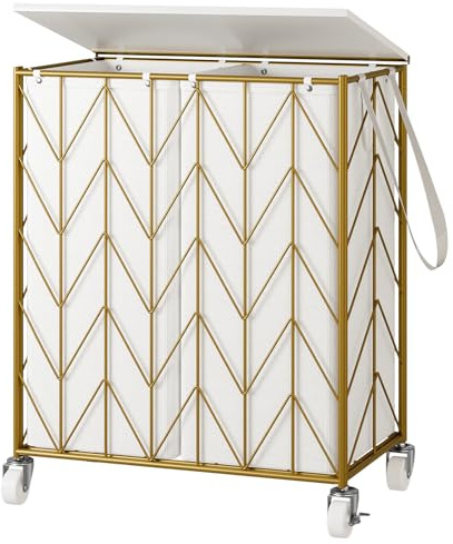 WOWLIVE Double Laundry Hamper with Lid, Gold Laundry Basket with Wheels | Rolling Wire Clothes Hamper with Divided Removable Bags, Heavy Duty Large Iron-Made Laundry Sorter Laundry Room Organization