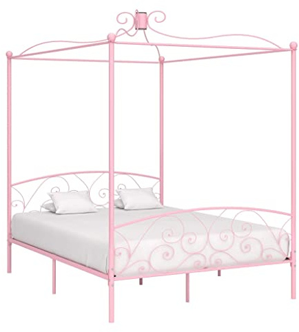 Mimdixy Bockspringbett, Himmelbett-Gestell Rosa Metall 160 x 200 cm Plattform Bett für Matratzes, Schlafzimmer, einfache Montage