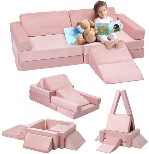 Garvee 12-Teiliges Flexibles Modulares Kindersofa-Set mit Abnehmbaren Sofabezügen – Inklusive Bällebad und Kletterrampe zur Förderung der Motorischen Fähigkeiten und Kreativität