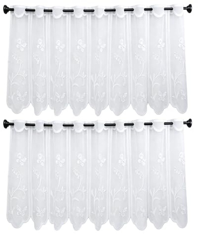 ASSRECT 2er Scheibengardine 130x45cm, Weiß Halbtransparent Bistrogardine | Blume & Schmetterling, Modern Kurze Vorhänge für Küche, Wohnzimmer, Badezimmer & Glastüren