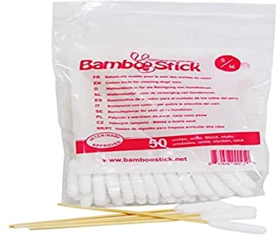 BambooStick Pack de 50 coton-tiges S/M pour nettoyer les oreilles des petits chiens et des chats – Soin des oreilles des chiens et chats - Facile à utiliser – Elaboré par un vétérinaire français