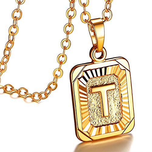 FOCALOOK Buchstabe T Anhänger mit 50cm verstellbar Rolokette goldene Initiale Collier 18k vergoldet Schmuck für Damen Mädchen für Valentinstag Jahrestag