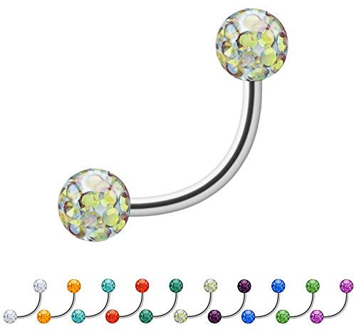 Treuheld® | 1.2mm x 6mm Piercing Banane | 4mm Kristall Kugeln | Bunt/Crystal |Chirurgenstahl | Silber | Bauchnabelpiercing Nippelpiercing