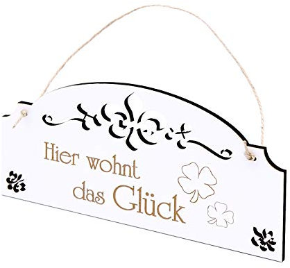 Schild Hier wohnt das Glück - Vintage Türschild mit Ornamenten 22 x 11 cm