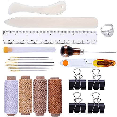 Set di 21 strumenti per rilegatura, include cartella per osso, filo cerato, punteruolo, ago per rilegatura, artigianato e cucito