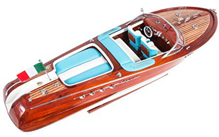 Seacraft Gallery Riva Aquarama Schiffsmodell, 69,8 cm (blau-weiße Ledersitze) – fertig montiertes Spielzeug-Speedboot Modell – Holzboot Spielzeug Modell-Dekor – montiertes Modell Schiffe Boote