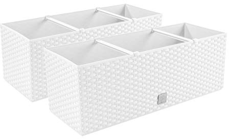 PAFEN 2X Blumenkasten Blumentopf Rattan-Optik - 60 x 25 x 24 cm - Pflanztopf Bewässerungssystem Balkonkasten Pflanzkästen, Weiß