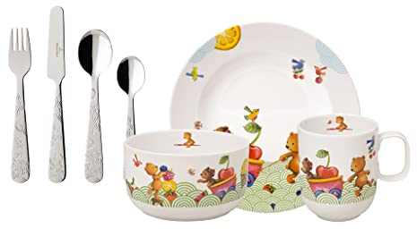 Villeroy & Boch - Cubertería infantil Hungry as a Bear, 7 piezas, porcelana premium, acero inoxidable, color blanco/multicolor