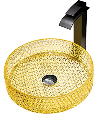 Glas Waschbecken, Aufsatzwaschbecken Glas Aufsatz Zylindrisch Waschschale Waschtisch Transparent Waschbecken Waschschale, Handwaschbecken mit Schwarz Wasserhahn, 500×355×155mm,Gold