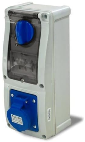 Presa interbloccata verticale con sezionatore interruttore, con fondo, con interruttore magnetotermico, 220V 230V, 3 poli 2P+T, 32A, IP54 - Rosi 16.3234B6MT