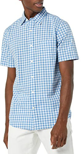 Amazon Essentials Men's Slim-Fit Short-Sleeve Poplin Shirt, Light Blue White Gingham, XS