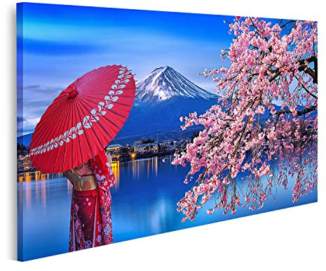 islandburner Tableau sur toile Femme asiatique portant le Kimono japonais Montagne Fleurs de cerisier Lac Kawaguchiko Japon Peintures Impressions Art Poster Mural